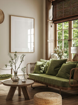 Poster frame mock-up in home interior background with sofa, tabl Poster frame mock-up in home interior background with sofa, tabl